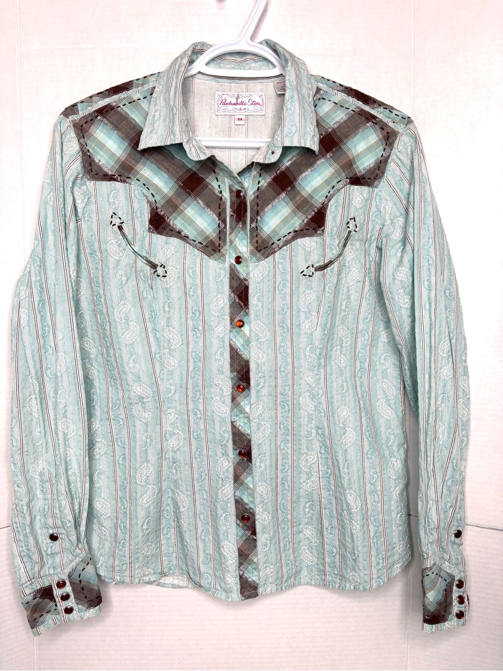 Panhandle Slim Teal Paisley Plaid Trim Western Metallic Pearl Snap-Up Shirt